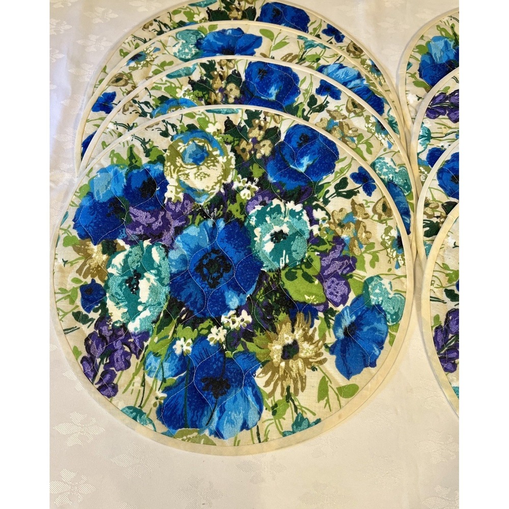 Retro Mod 70's Round Fabric Placements Blue Green Teal Floral Set Of 8